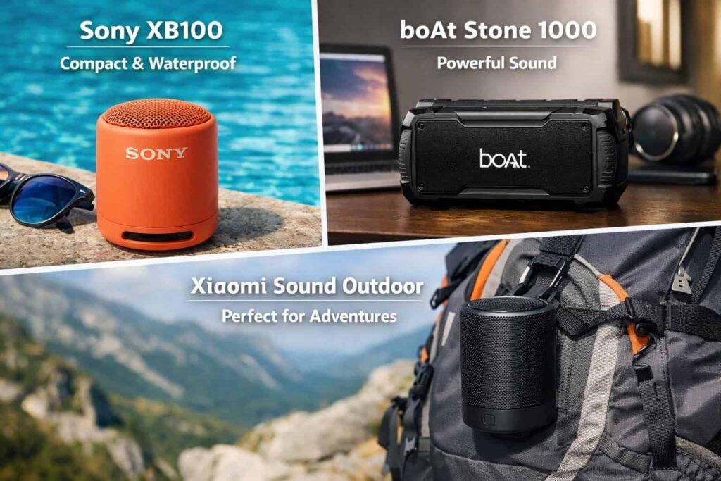 A collage showing the Sony XB100, boAt Stone 1000, and Xiaomi Sound Outdoor placed in different settings like a poolside, a desk, and a hiking backpack