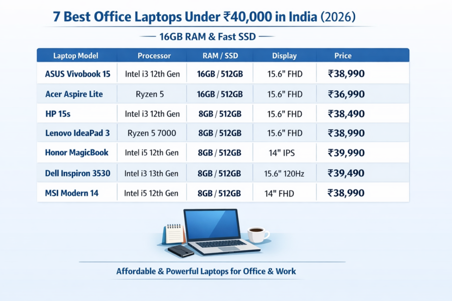 7 Best Office Laptops Under ₹40,000 in India (2026) – 16GB RAM & Fast SSD