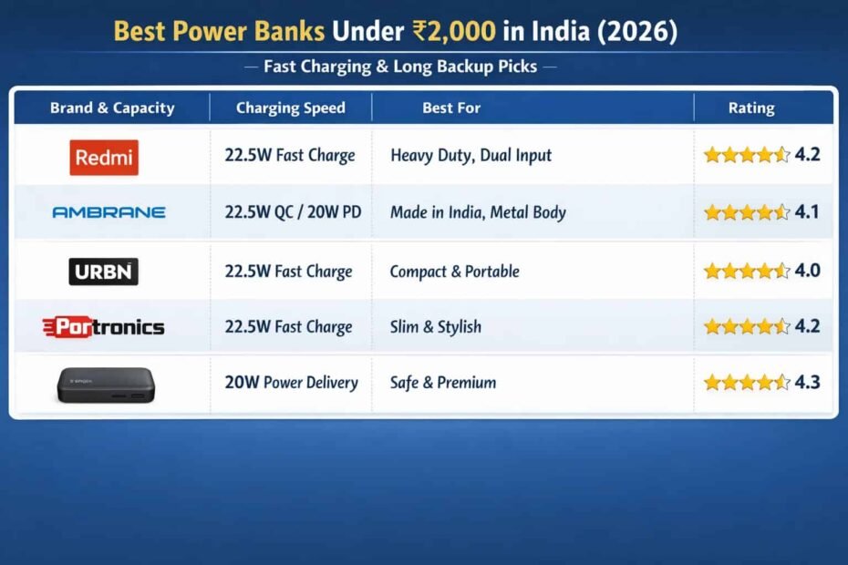 Best Power Banks Under ₹2,000 in India (2026) – Fast Charging & Long Backup Picks