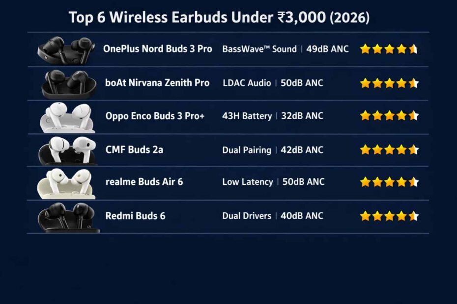Top 6 Best Wireless Earbuds Under ₹3,000 in India Ultimate ANC & Sound Quality Guide (2026) 🎧